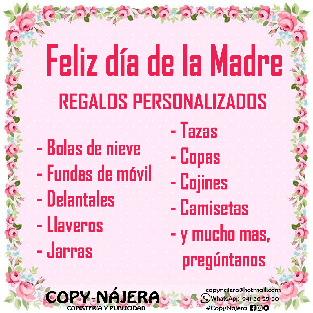 Para el día de la madre regalos personalizados con vuestras fotos e imágenes, sorprende con algo original
🖨 #CopyNájera #Copistería #DíaDeLaMadre
#RegalosPersonalizados #RegalosOriginales #Fotos