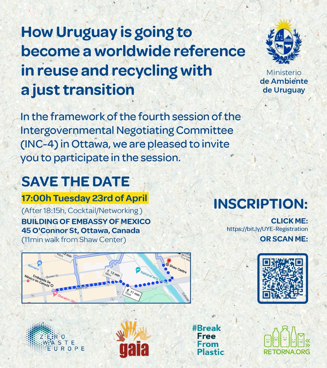 Si vas a #Ottawa para el #INC4, descubre cómo Uruguay ha apostado por una solución real contra los plásticos de un solo uso como el Sistema de Depósito y de manera coordinada con los recicladores urbanos. Regístrate aquí bit.ly/UYE-Registrati… o escaneando en el código QR #DRS