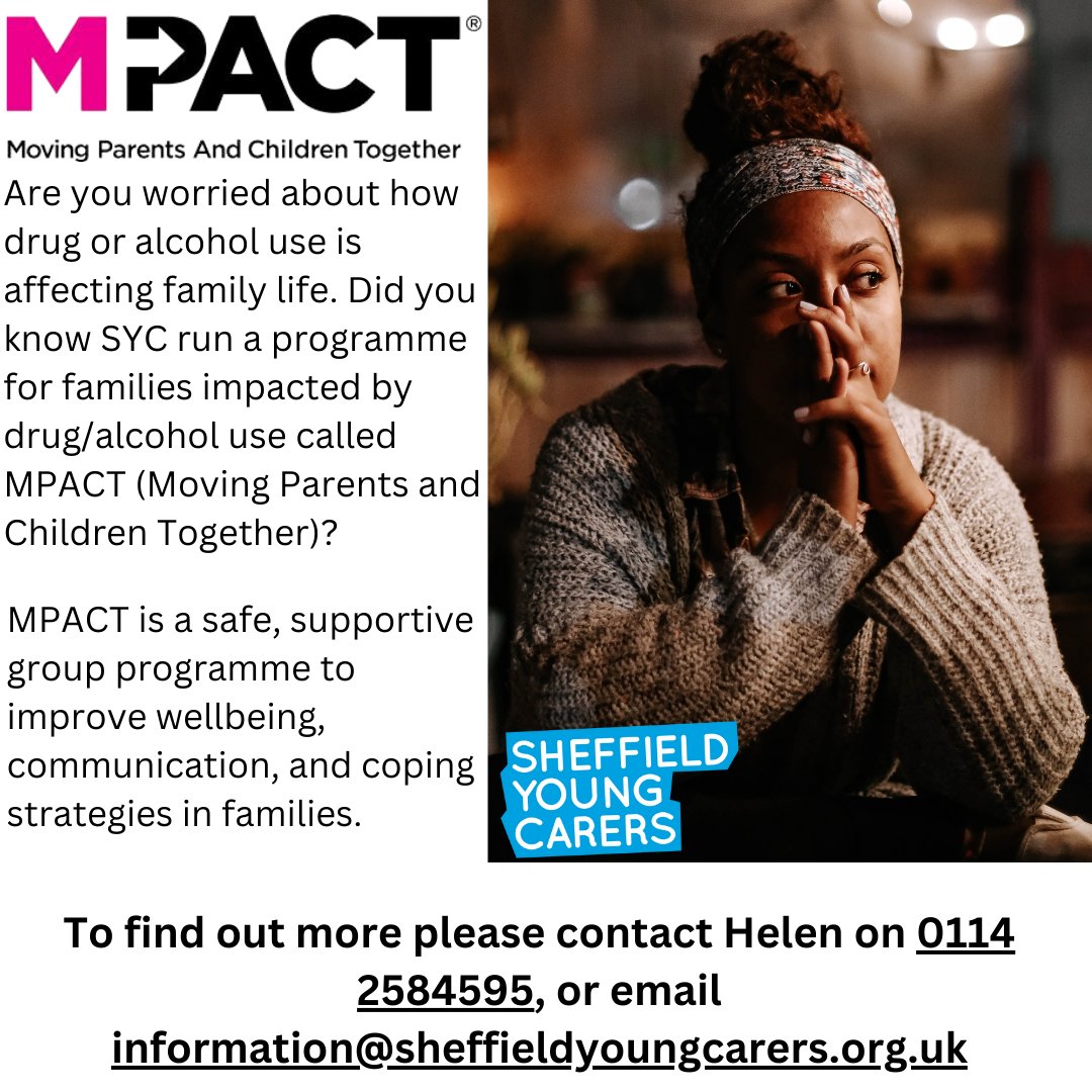 Our next M-PACT programme starts 24th April. If you think M-PACT could help you and your family, please contact Helen on 0114 258 4595 or email information@sycp.org.uk 📞✉️