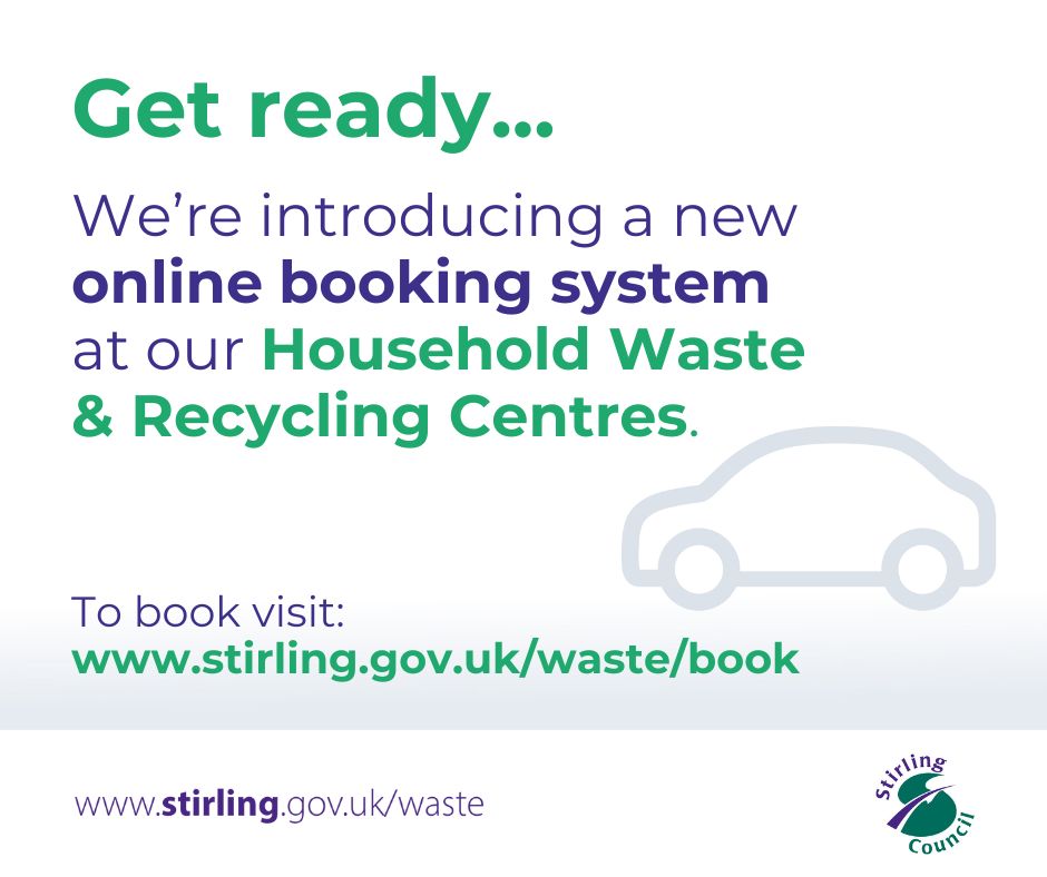 ♻️ Residents must book an appointment at Household Waste Recycling Centres in the #Stirling area from Wed 15 May. Booking is available at stirling.gov.uk/waste/book & will enable people to reserve a slot up to 14 days in advance. Details & full FAQ: ➡️bit.ly/3W0jRml