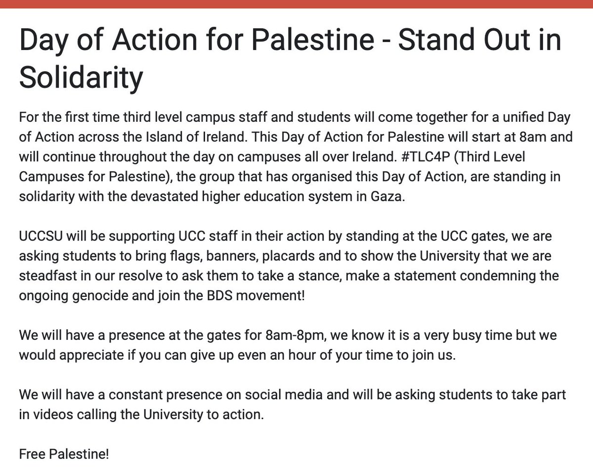 AcaforPalestine's tweet photo. University College Cork - staff &amp; student action from 8am - 8pm "to show the University that we are steadfast in our resolve to ask them to take a stance, make a statement condemning the ongoing genocide and join the BDS movement" @UCC @UCCSU @UCCEquality @CampaignCork #TLC4P https://t.co/mB0b5L2pT1