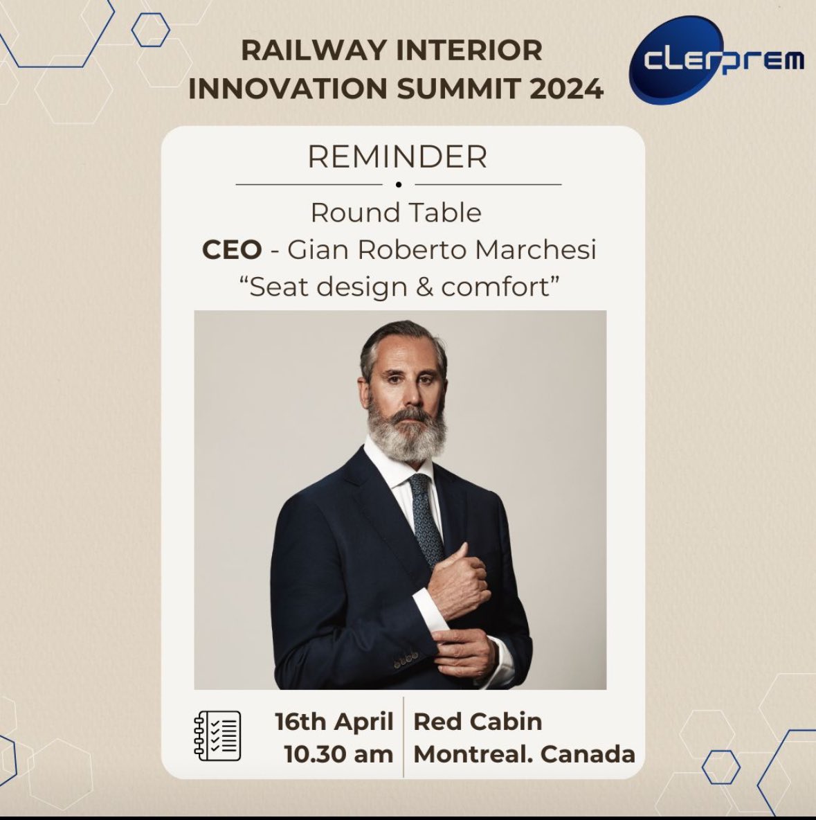 Reminder: our Ceo @GianRobertoMarchesi will be hosting a round table held by <a href="/redcabin/">CABIN</a> about "Seat design and comfort" at Railway Interior Innovation Summit.

🔺The intervention has the goal to enhance the new trends about the idea of comfort in the railway market. 
#clerprem