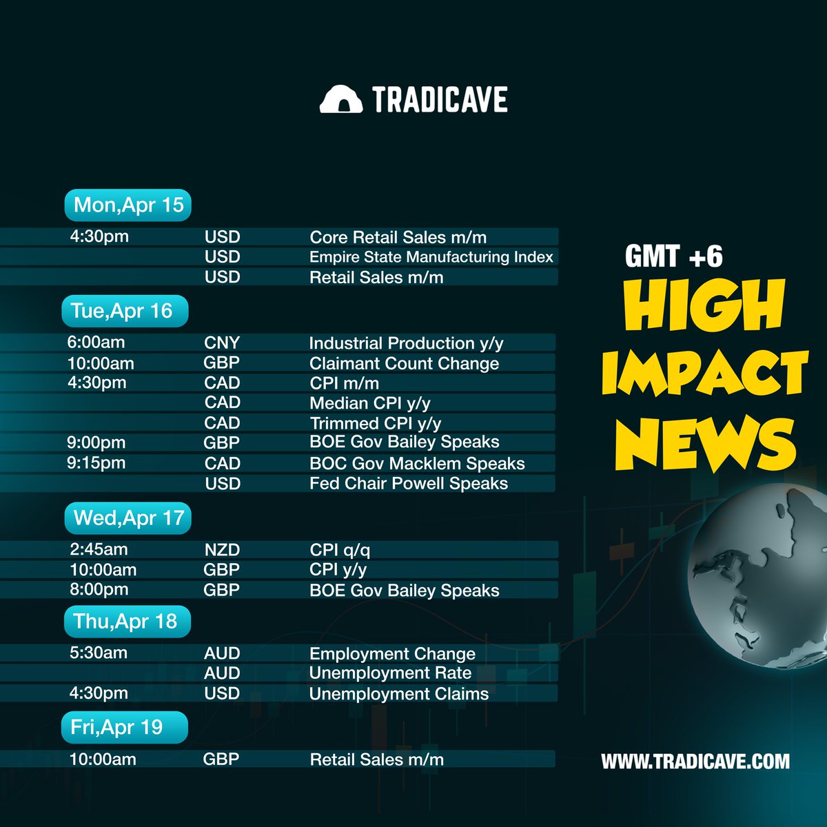 Attention Traders⚠️ Prepare for Market Momentum! Key Forex Events Unveiled: 15th April - 19th April. Enhance Your Strategy and Secure Your Advantage. Dive into Insights with Tradicave📈 Follow @Tradicave For more visit: tradicave.com #tradicave #propfirm #forexnews