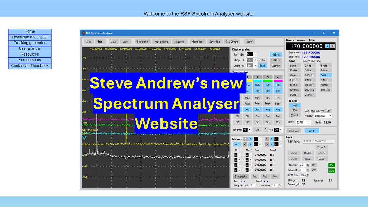 Steve Andrew has released Version 1.2 of his popular fully calibrated Spectrum Analyser Software - it has new features and is updated to be compatible with the #RSP1B. Check out his new website with links to his latest tracking generator software: spectrumanalyser.co.uk