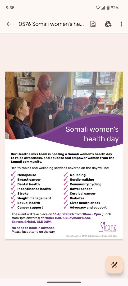 Come find us today 10-12 at the Somali Women's health event in BS5! 💜 🤗