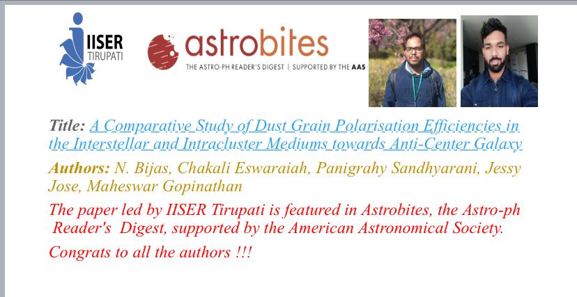 IISER Tirupati informs all about the paper led by Dr. Eswaraiah Chakali and his student N. Bijas is featured in Astrobites, the Astro-ph Reader's Digest, supported by the American Astronomical Society. lnkd.in/gFD6zsUA