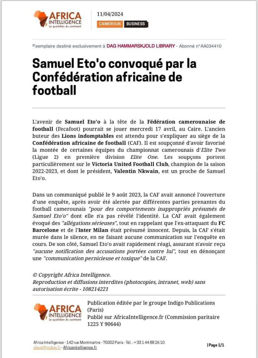 lataniere237's tweet photo. Selon des sources relayées par Africa Intelligence, Samuel Eto'o, actuel président de la Fédération Camerounaise de Football (FECAFOOT), est convoqué par la Confédération Africaine de Football (CAF) au Caire le 17 avril 2024. 

Cette convocation est liée à une enquête pour "comportement inapproprié" en raison de soupçons de trucage de matchs, suite à la fuite d'enregistrements audio. Cette convocation pourrait influencer l'avenir du Président de la Fecafoot à la tête de la fédération. 🤔🤔