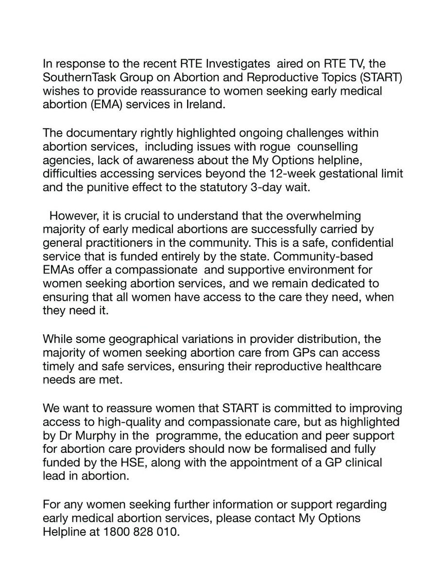 Startdoctors's tweet image. @RTE_PrimeTime @rte @HSELive @roinnslainte @ICGPnews @GPBuddy @IMT_latest @irishmednews @med_indonews @DonnellyStephen @AbortionSupport @Abortion_Rights
Statement from over 400 providing GPs in Ireland.