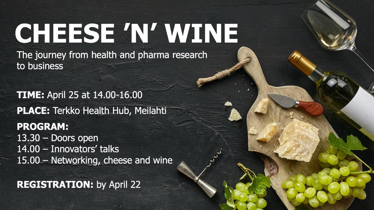 HiLIFE_Helsinki (@hilife_helsinki) on Twitter photo Still a few days left to register to the next Cheese 'n' Wine Innovation Talks on April 25 at <a href="/terkko/">Terkko Health Hub</a>.
Join us and network among experts that can support your #innovation journey in the fields of #health and #pharma.
Register by April 22: lyyti.fi/reg/CnW_Meilah…
<a href="/helsinkiuni/">University of Helsinki</a> Still a few days left to register to the next Cheese 'n' Wine Innovation Talks on April 25 at <a href="/terkko/">Terkko Health Hub</a>.
Join us and network among experts that can support your #innovation journey in the fields of #health and #pharma.
Register by April 22: lyyti.fi/reg/CnW_Meilah…
<a href="/helsinkiuni/">University of Helsinki</a>