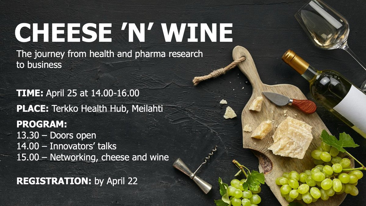 Still a few days left to register to the next Cheese 'n' Wine Innovation Talks on April 25 at @terkko. Join us and network among experts that can support your #innovation journey in the fields of #health and #pharma. Register by April 22: lyyti.fi/reg/CnW_Meilah… @helsinkiuni