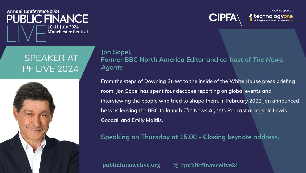 Joining us at @CIPFA #publicfinancelive24 is Jon Sopel @jonsopel, former @BBCNorthAmerica Editor and co-presenter of The News Agents @TheNewsAgents. Hear him speak in the day two closing keynote session. Find out more and book now: publicfinancelive.org