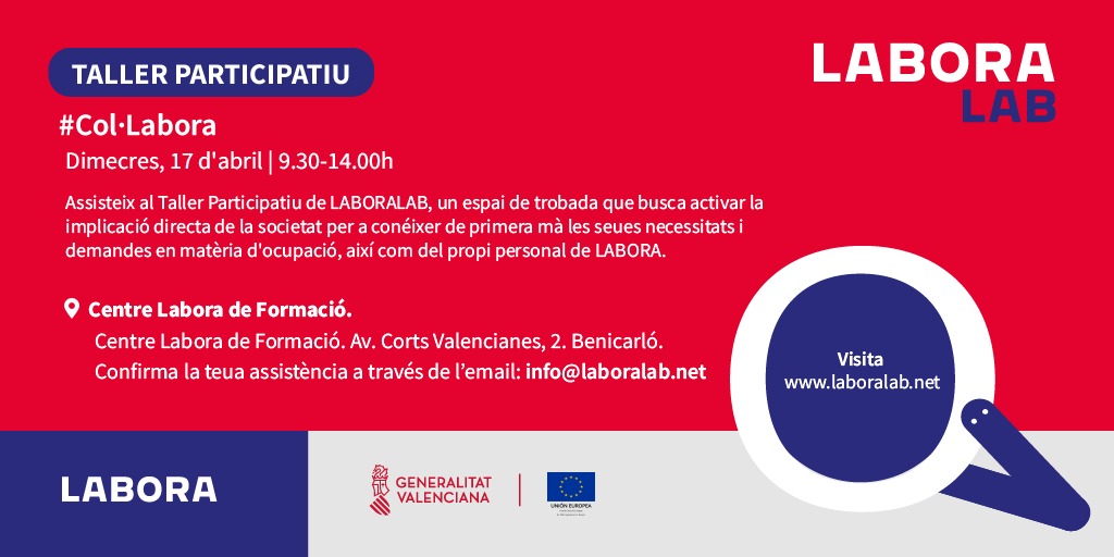 Vius a #Benicarló?📢𝐂𝐨𝐦𝐩𝐭𝐞𝐦 𝐚𝐦𝐛 𝐭𝐮!
Taller participatiu #LaboraLAB
🗣️Aporta la teua opinió i ajuda'ns a millorar el #serveipúblic d'#ocupació🙌

🗓️Dimecres, 17 d'abril de 9,30 a 14h
📌Centre #LaboraFormació
📩Inscriu-te: info@laboralab.net
#SolucionsLabora
#SomLabora