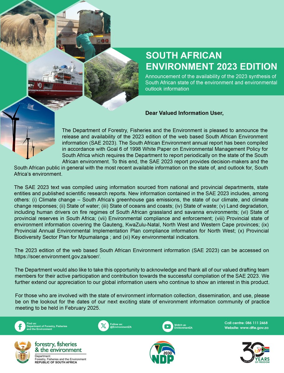 The DFFE is pleased to announce the release and availability of the web based South African Environment (SAE) 2023 edition. The SAE's annual report is compiled in accordance with Goal 6 of 1997 White Paper Policy. The report can be accessed here >>> soer.environment.gov.za/soer/.