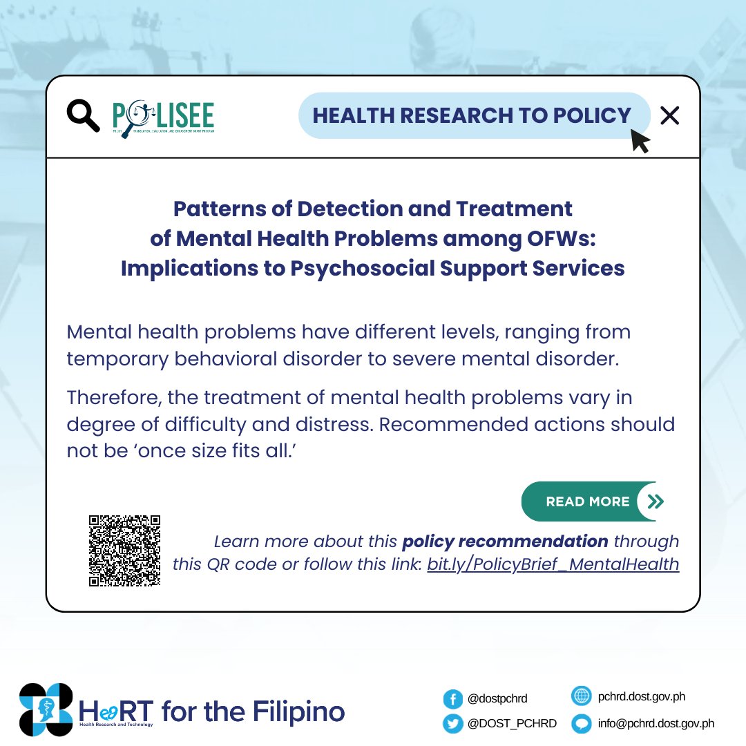 📌 Did you know that mental health problems have different levels, ranging from temporary behavioral disorder to severe mental disorder? Learn more about the recommendations of this PCHRD's POLISEE Grant Program supported policy brief here: bit.ly/PolicyBrief_Me…