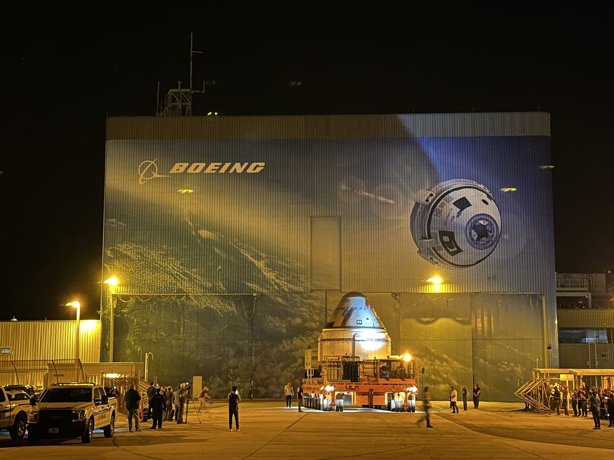 The Starliner spacecraft supporting the Crew Flight Test emerged from the Commercial Crew and Cargo Processing Facility to begin its journey out to pad 41 at Cape Canaveral Space Force Station. Launch is targeting May 6 at 10:34 p.m. EDT (0234 UTC).