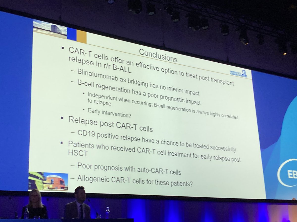 #EBMT24 Peter Bader presented real world data of anti-CD19 CAR T cells after HCT (a few patients received blinatumomab as bridging therapy) in children with ALL #leusm #pedonc