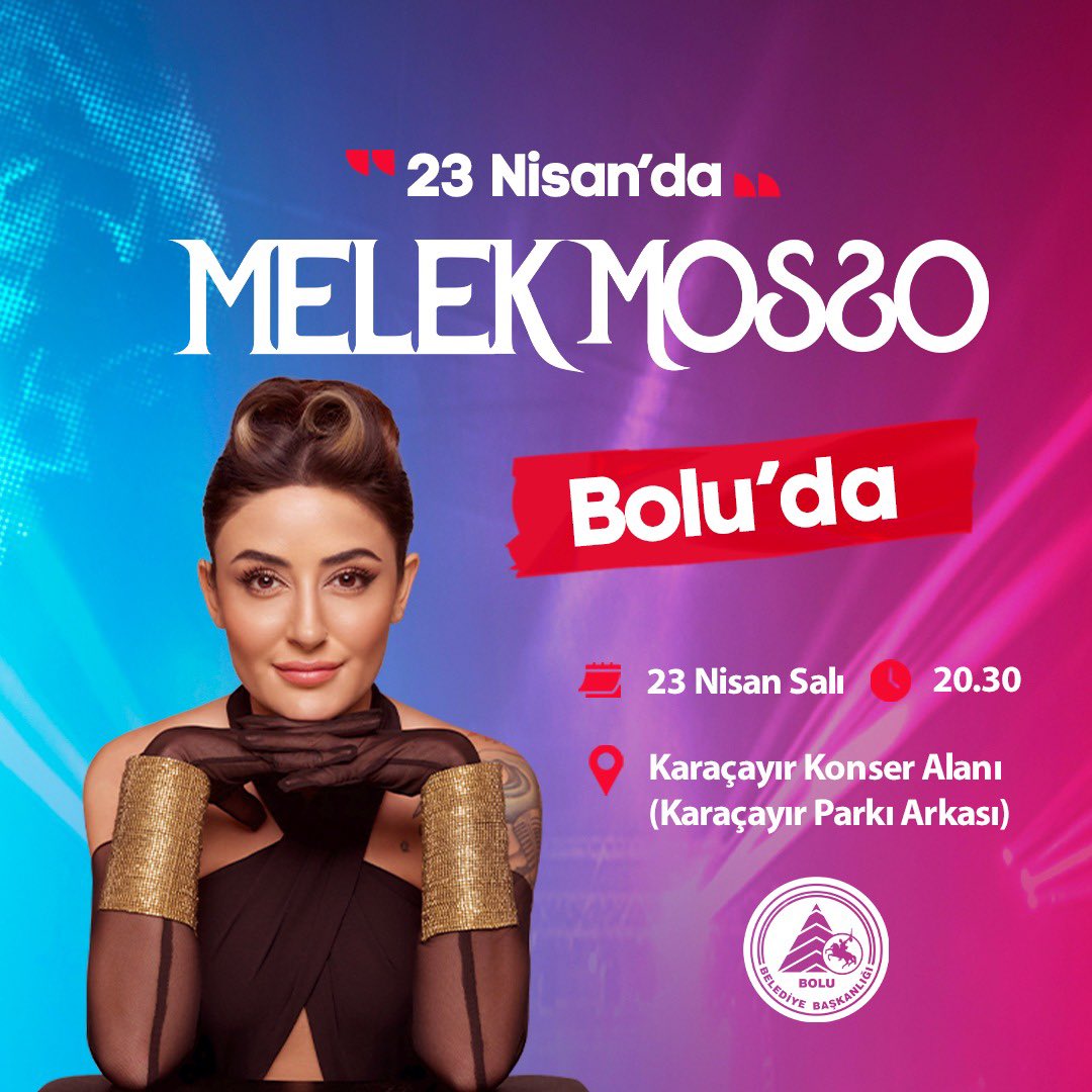 23 Nisan’da Melek Mosso Bolu’da…23 Nisan Ulusal Egemenlik ve Çocuk Bayramını hep birlikte kutluyoruz 😊 Konserimize tüm halkımız davetlidir❤️ 🗓️ 23 Nisan Salı ⏰ 20.30 📍Karaçayır Konser Alanı (Karaçayır Parkı Arkası) ✅ Ücretsiz