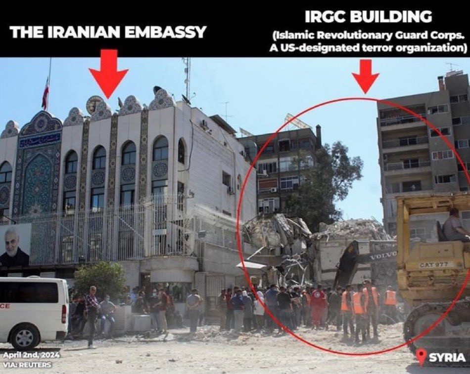 Israel did NOT bomb an “Iranian consulate” in Damascus. 

Israel targeted a terrorist building to neutralize a Quds Force commander who planned the October 7 terrorist attack that killed/injured THOUSANDS of Israelis and had +50,000 rockets launched into Israel. This was a…