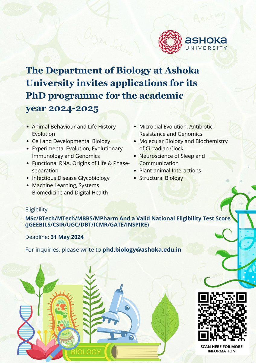 #OpenPhDposition My lab will have 1-2 open PhD positions in 2024 Monsoon. If you have completed your master's; & genetics, genomics, and evolution of host-pathogen interactions/ Immunity excites you, please click the link ashoka.edu.in/programme/phd-…