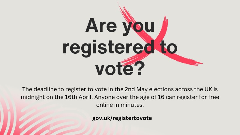 🗳️ The deadline to register to vote in time for the May elections is midnight tonight. It is vital that we have representatives who are committed to upholding human rights at home and abroad- go to to gov.uk/registertovote to make sure that you can have your say