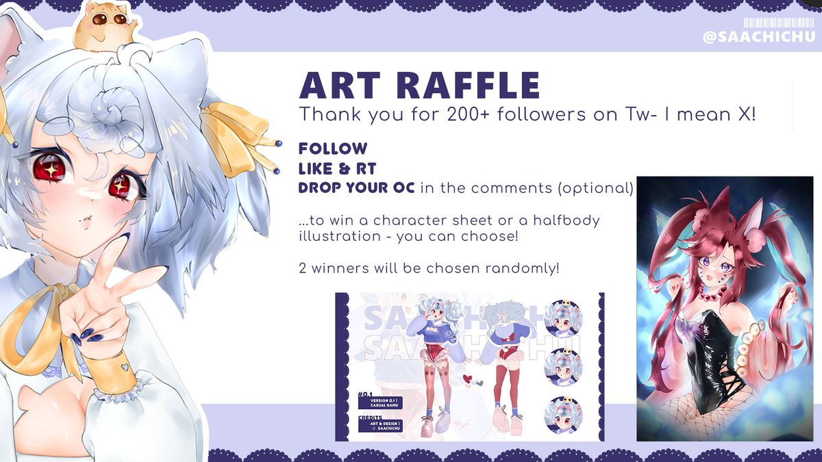 ✨THANK YOU - ART RAFFLE ✨ I feel very blessed about the support on Twt and Twitch so I want to give back! 🐹 FOLLOW 🐹 LIKE & RT 🐹 Drop your OC in the comments (opt) to win a character sheet or a halfbody illustration made by me (yes I can draw boys, too heh)! End: 1st June…
