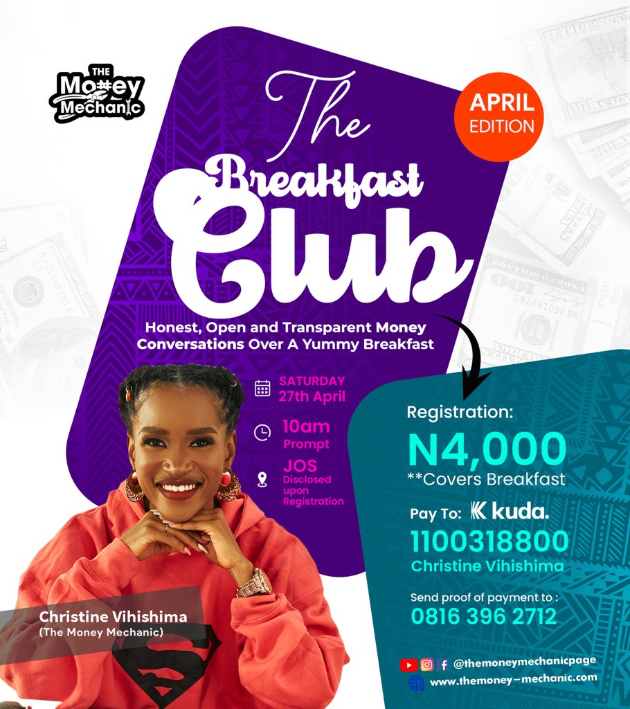 Join us for another monthly edition of THE BREAKFAST CLUB. It is a physical meetup to discuss finances & gain clarity over breakfast. 

15 slots only! 
Date: 27/04/2024 in Jos

I look forward to hosting you!
Love, Light and a sprinkle of Money in between 💜💡💸

#themoneymechanic