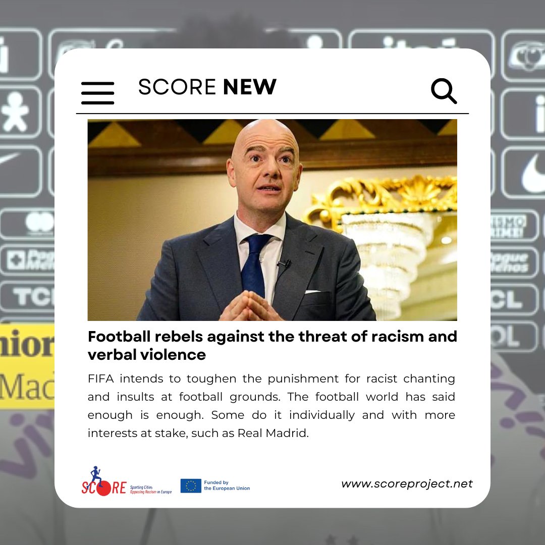 🆕SCORE NEW🆕
FIFA intends to toughen the punishment for racist chanting and insults at football grounds.

For more information 👉 scoreproject.net/noticias/

#inclusivesport #opposingracism #sports4inclusion #sports #stopracism