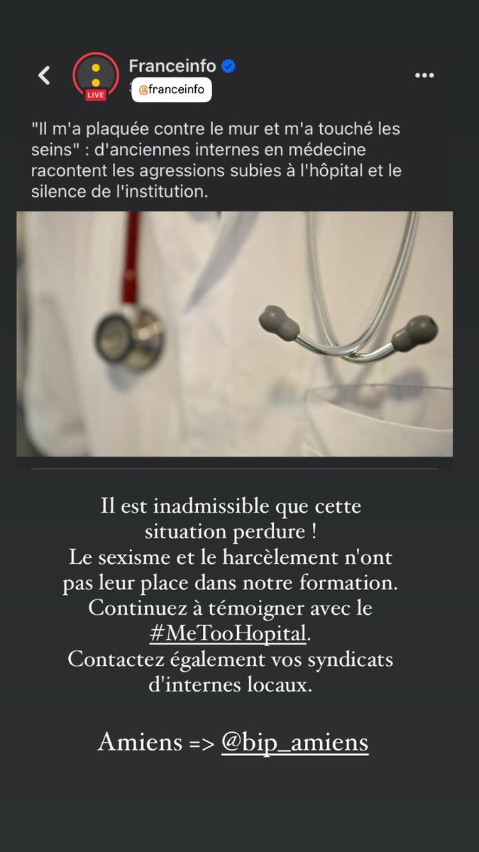 Il est inadmissible que cette situation perdure ! Le sexisme et le harcèlement n'ont pas leur place dans notre formation. Continuez à témoigner avec le hashtag #MeTooHopital. Contactez également vos syndicats d'internes locaux.

Amiens => <a href="/BIPamiens/">Bureau des Internes Picards - BIP</a> 

<a href="/franceinfo/">franceinfo</a>