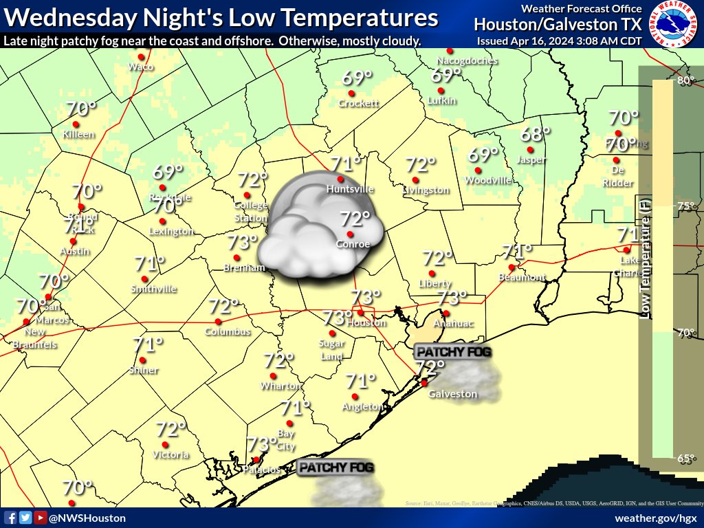 Here are the latest SE TX temp outlooks for today/ tonight/Wednesday/Wednesday night. Today: warm/breezy. Tonight: patchy fog possible late. Wednesday: patchy fog possible early. Wednesday night: late night patchy fog possible near the coast & offshore. #txwx #houwx #glswx #bcswx