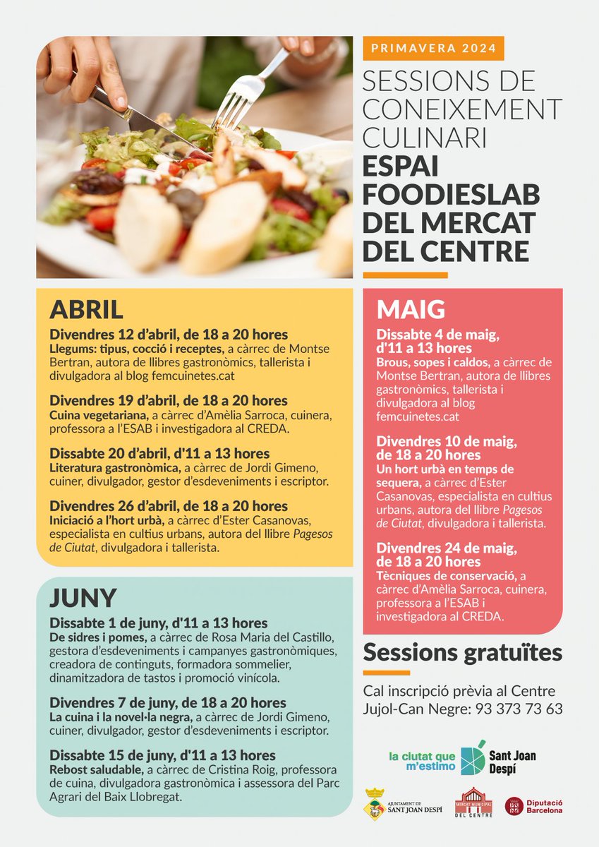 #SantJoanDespí 🥘 l Sessions de cuina al mercat del Centre amb prestigiosos experts en alimentació. El programa, que inclou deu sessions gratuïtes, té com a objectiu donar pautes i consells a la ciutadania

🔗 goo.su/ZlMZ
cc @AjSJDespi