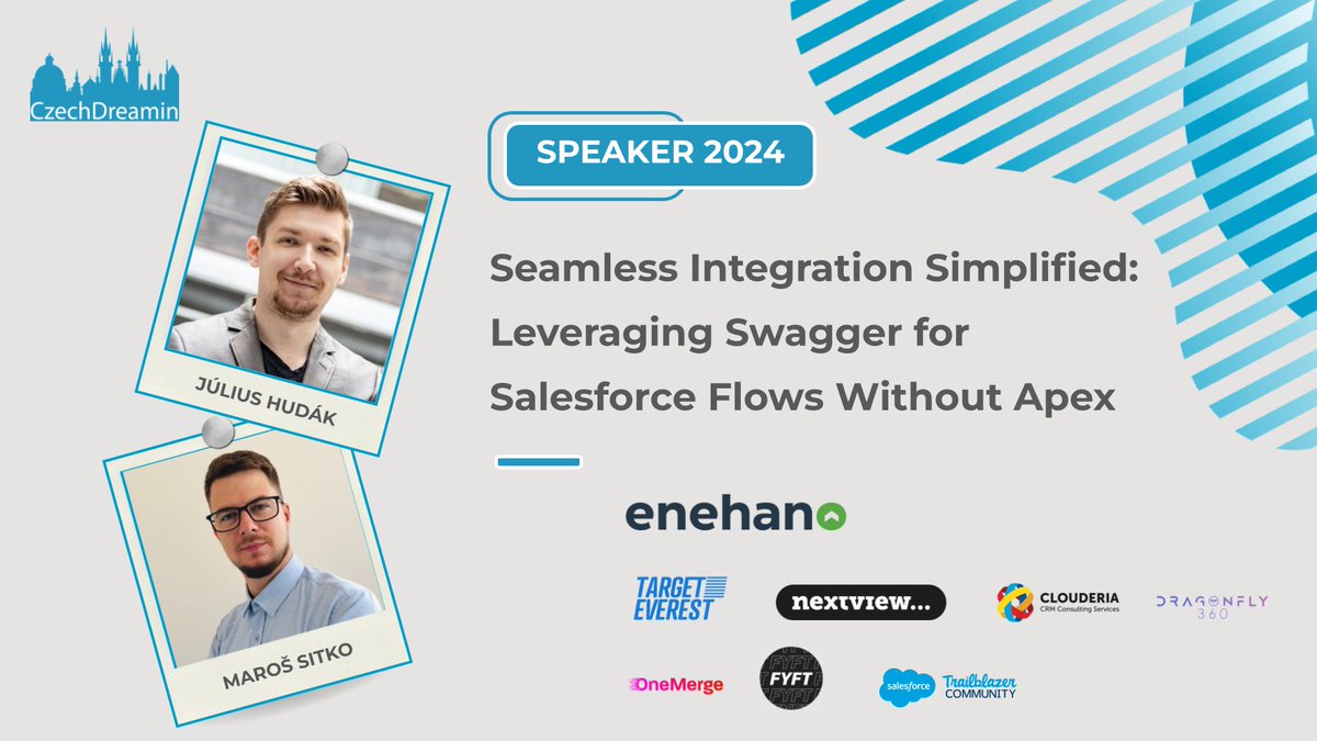 It's time to meet your next #CzechDreamin speakers and their session.

Here we go!

Please welcome Július Hudák & Maroš Sitko with 'Leveraging Swagger for Salesforce Flows Without Apex'

#CDsessions
Check out our Program Schedule & get your tickets below!
czechdreamin.com