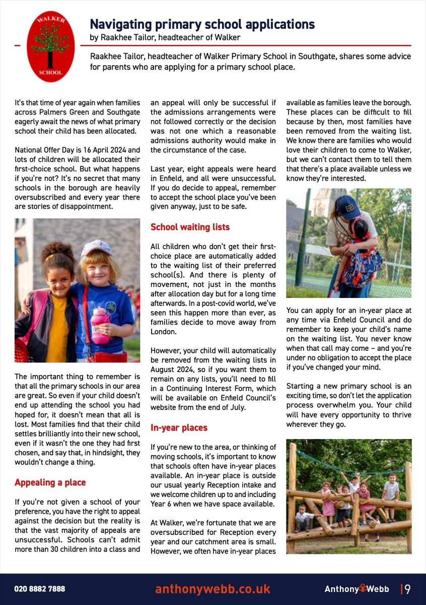 If you didn't get your first choice primary school today, don't panic. Raakhee Tailor, Headteacher at Walker Primary, has written this article for Palmers Green and Southgate Life Magazine, which you might find useful. anthonywebb.co.uk/pages/palmers-…