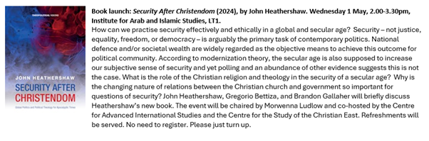 If you're in Exeter, you're welcome to the launch of Security After Christendom, 2pm GMT, Weds 1 May.
There will be refreshments!

If you're not in Exeter but would like to listen in to 45 minutes of talks about the book, DM me with your email for the zoom link.