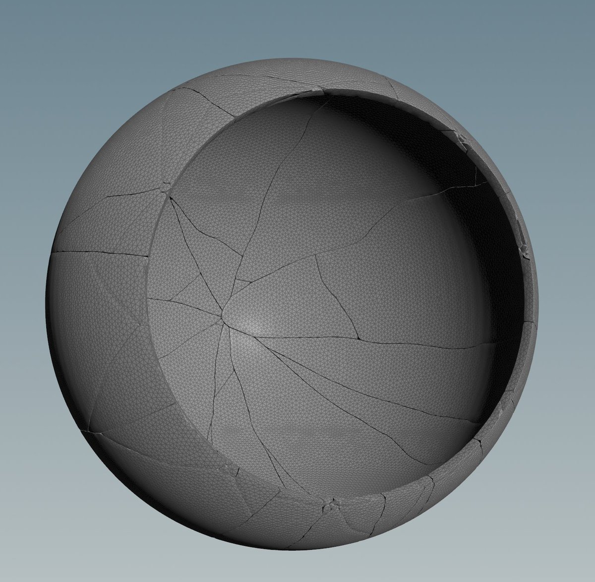 Been doing some tests for fractured glass on a curved surface, with a hole. Pure pain to get something that works in Houdini, but I got some nice radial cracks using the Concrete preset + painted points. Now I need to see how to achieve some nice concentric cracks. 

#sidefx #3d