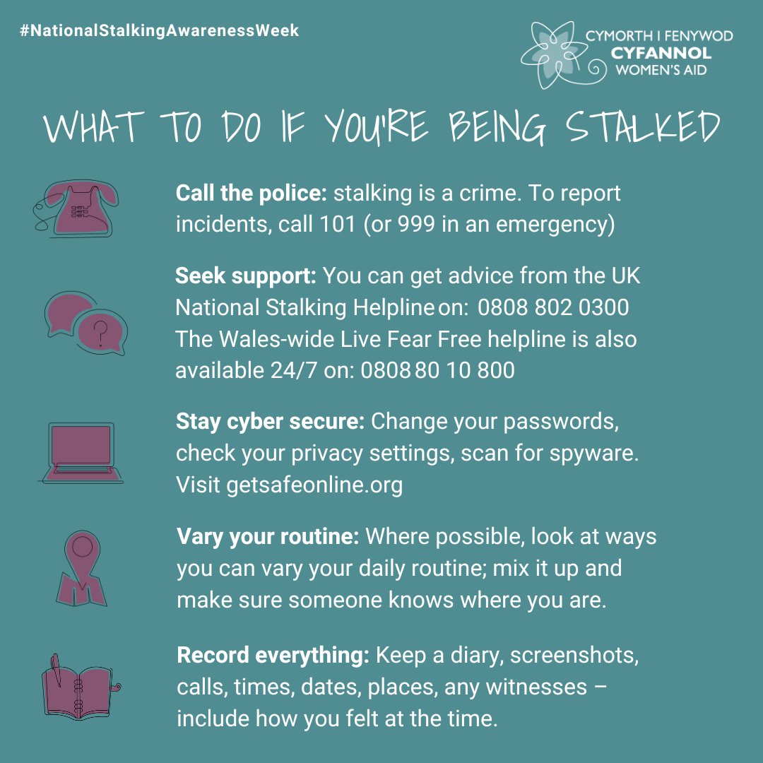 Stalking thrives on secrecy. By telling someone, they can help to keep you safe. You can contact the National Stalking Helpline on 0808 802 0300 for advice about your options. To report incidents to the police, call 101, but if you ever feel in danger, call 999 immediately.