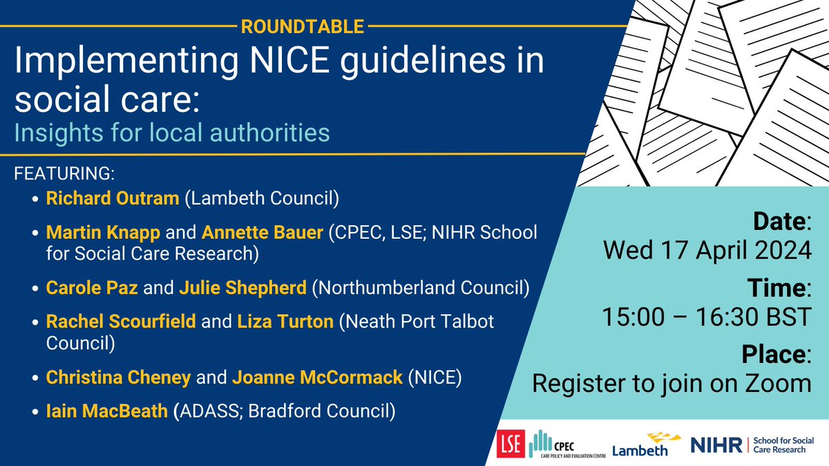 1 DAY until our roundtable discussion on implementing NICE guidelines in #SocialCare! Hear from local authorities and NICE representatives about how these research findings will result in improved support for NICE implementation. Register now👉lse.zoom.us/meeting/regist… @NICEComms