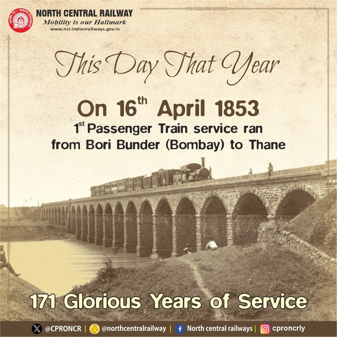 #ThisDayThatYear
Celebrating 171 illustrious years of Indian Railways!
On 16 April 1853, the 1st passenger train ran from Bori Bunder (Bombay) to Thane, marking the beginning of an incredible journey! 🚉
#DownTheMemoryLane