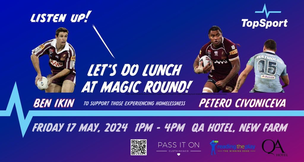 #NRL Magic Round Brisbane Friday Topsport Market Watch #Lunch for #PassItOnClothing Ben Ikin + Petero Civoniceva + many other guests! Quality city location - 1pm Friday NRL club & player memorabilia, auction items ✅ Single and group tickets all available!  ⬇️…