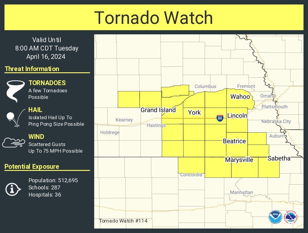 #TornadoWatch for NE #Kansas and SE #Nebraska states esp #GrandIsland, #BeatriceNE, #LincolnNE, #YorkNE cities
#Wxtwitter #SPC #Wxx #Tornado #Hail #Wind #SevereWX #NEwx #KSwx #TornadoAlley