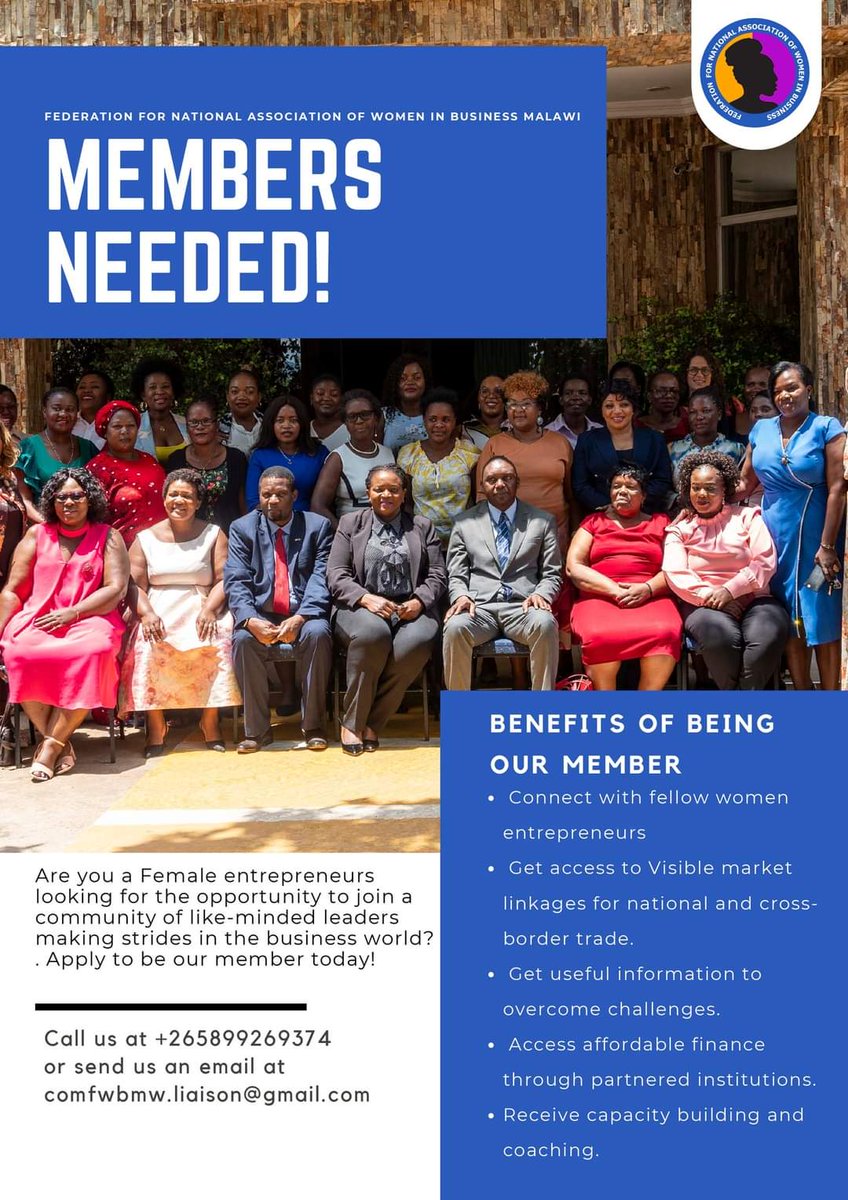 If you are a female entrepreneur from Malawi and want to connect with like-minded female leaders making strides in the business world while accessing various business opportunities, then apply to be our member today! Comfwbmw.liaison@gmail.com +265899269374