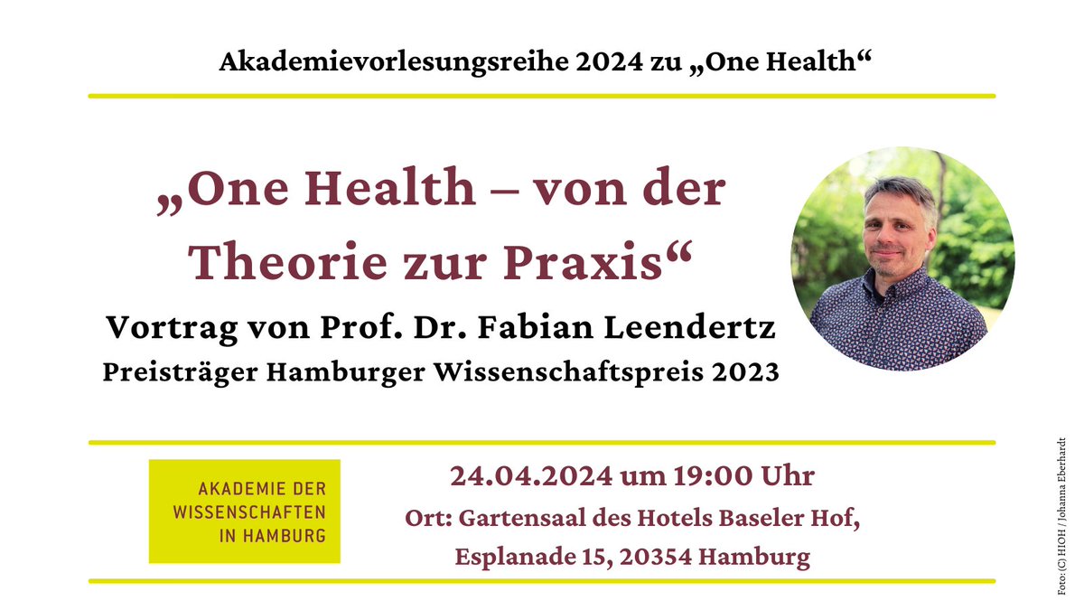 Start unserer #Vortragsreihe am 24.04.24 in #Hamburg: #FabianLeendertz @Helmholtz_HIOH beleuchtet, wie sich #OneHealth für #PandemicPreparedness u. #PandemicPrevention nutzen lässt. Außerdem Thema: innovative Techniken + Projekte in #Subsahara-#Afrika. ▶️awhamburg.de/veranstaltunge…