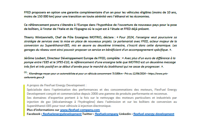 [Communiqué de Presse] "Pionnier et leader des boîtiers de conversion E85, FlexFuel annonce aujourd’hui avoir signé un partenariat avec le réseau de réparation multimarque MOTRIO."

#flexfuel #e85 #ethanol #conversionethanol #automobile