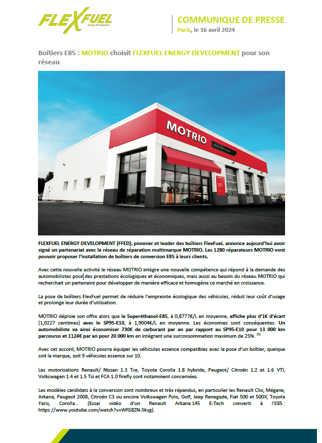 Flexfuelcompany's tweet photo. [Communiqué de Presse] "Pionnier et leader des boîtiers de conversion E85, FlexFuel annonce aujourd’hui avoir signé un partenariat avec le réseau de réparation multimarque MOTRIO."

#flexfuel #e85 #ethanol #conversionethanol #automobile https://t.co/cOVY8TWOHf
