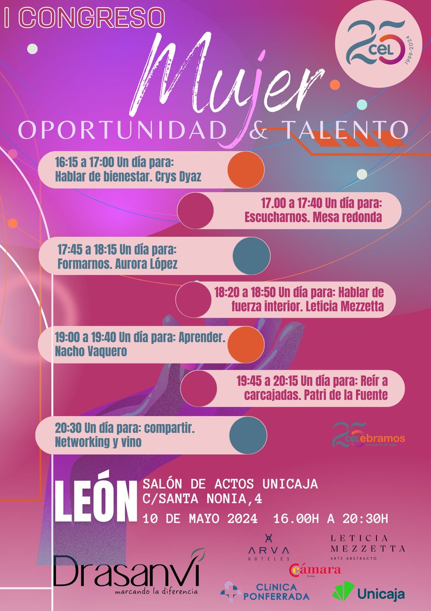 🙋‍♀️El 🔟mayo celebramos el Congreso Mujer Oportunidad y Talento, cita que no puedes perderte si quieres crecer como empresaria, directiva, autónoma y aprender de grandes profesionales que vendrán a #Leonesp ➡️I CONGRESO MUJER: OPORTUNIDAD Y TALENTO en Entradium #25AniversarioCEL