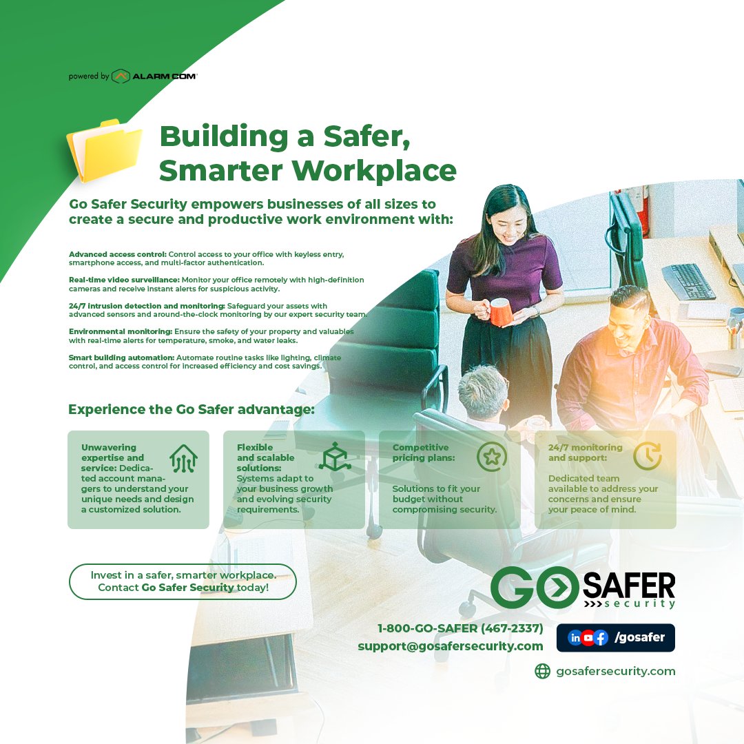 Go Safer Security transforms workplaces into secure, efficient spaces. Benefit from unwavering expertise, flexible solutions, competitive pricing, and 24/7 support. Invest in a safer, smarter workplace. Contact Go Safer Security today! #OfficeSecurity