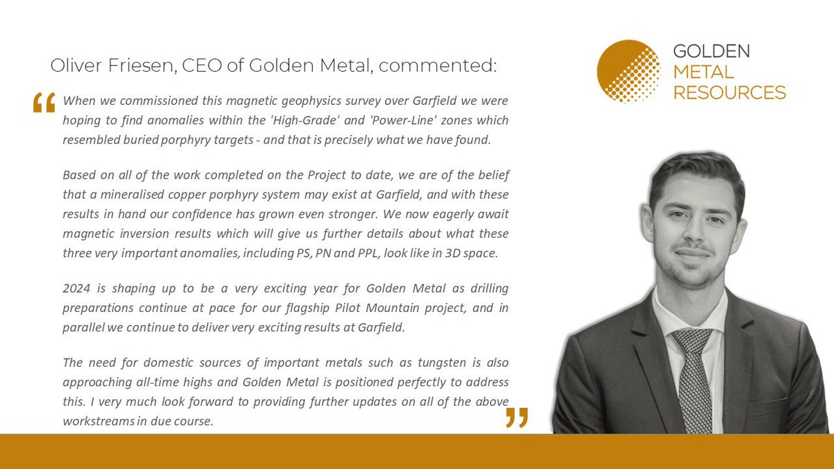 #GMET CEO @oliverjfriesen💬 “Based on all of the work completed on the Project to date, we are of the belief that a mineralised copper porphyry system may exist at Garfield, and with these results in hand our confidence has grown even stronger” buff.ly/4azjeop $GMTLF