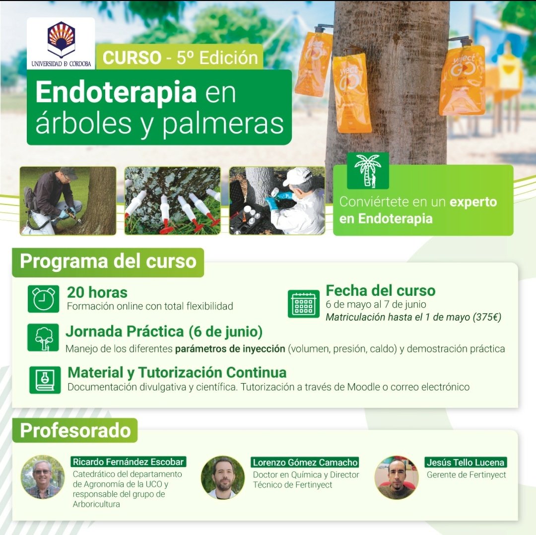 CURSO SOBRE ENDOTERAPIA EN ÁRBOLES Y PALMERAS

🙋Comprender a fondo el funcionamiento de la Endoterapia en árboles y palmeras🌳🌴

👉Inscripciones e información: uco.es/estudios/idep/…