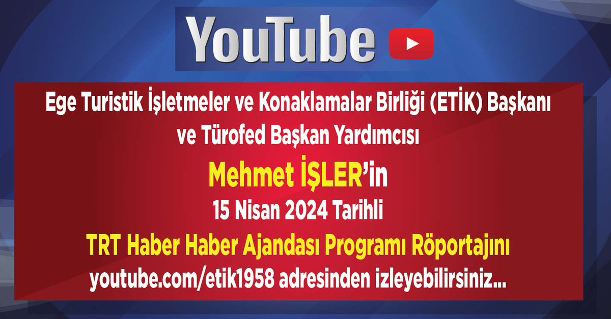 Ege Turistik İşletmeler ve Konaklamalar Birliği (ETİK) Başkanı ve TÜROFED Başkan Yardımcısı Mehmet İşler 15 Nisan 2024 tarihinde TRT Haber Ajandası'nın konuğu oldu. youtube.com/etik1958 adresinden izleyebilirsiniz... #etik_izmir #egeturizm #turizm #Seyahat #tatil