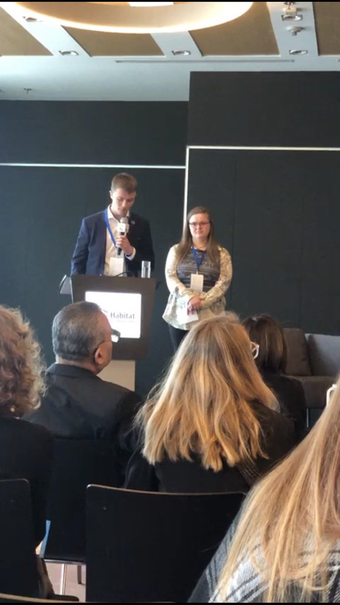 Well done to Ross and Ella, the youth delegates from Ireland, who just addressed the #EuropeHousingForum. Both students at @QUBelfast, Ross and Ella spoke about the importance of youth involvement in urban development. #YouthForHousing @Habitat_EME