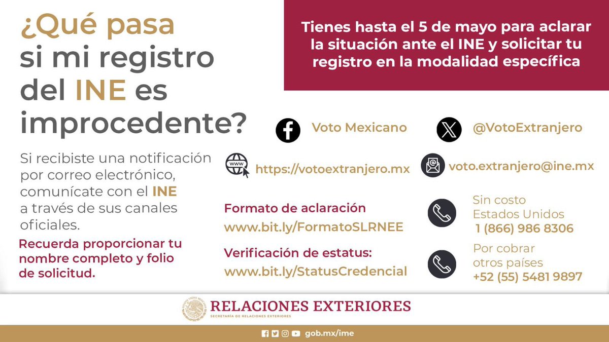 📢Atención comunidad 🇲🇽 en el exterior🌎: Si recibiste un correo indicando que tu registro a @VotoExtranjero 🗳️es improcedente, ¡contacta al @INEMexico para dar seguimiento! ☑️Tienes hasta el 5 de mayo para aclarar la situación y solicitar tu registro en la modalidad específica